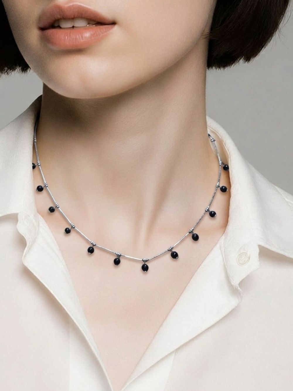 Elegant 925 Liquid Silver Black Onyx Dangle Bead Necklace